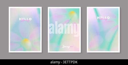 Hello spring poster template vector set, vertical greeting card banner collection with beautiful pink purple pastel flowers blooming in soft dreamy. Stock Vector