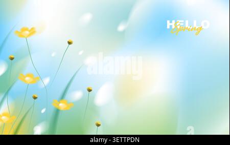 Hello spring greeting card vector background with copy space, abstract soft blue sky and yellow wildflower blossom blooming in fresh grass field. Stock Vector
