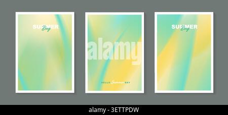 Abstract fluid gradient background set for summer poster, vertical cover design template with yellow and turquoise green vibrant liquid wave, modern. Stock Vector