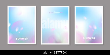 Abstract fluid sky blue gradient background set for summer poster, vertical cover design template with soft pink purple petal bokeh light liquid wave. Stock Vector