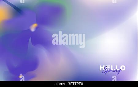 Hello spring greeting card vector background with copy space, abstract luxury soft purple violet fluid gradient blur, beautiful elegant orchid flower. Stock Vector