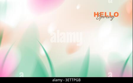 Hello spring greeting card vector background with copy space, abstract minimal soft orange and pink fluid gradient blur, fresh grass leaves and bokeh. Stock Vector