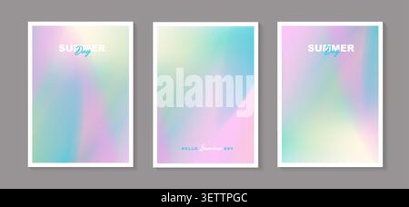 Abstract fluid holographic pastel gradient background set for summer poster, vertical cover design template with pink blue violet soft liquid wave. Stock Vector