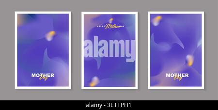 Abstract fluid deep purple gradient background set for happy mother day poster, vertical cover design template with elegant violet blue liquid wave. Stock Vector