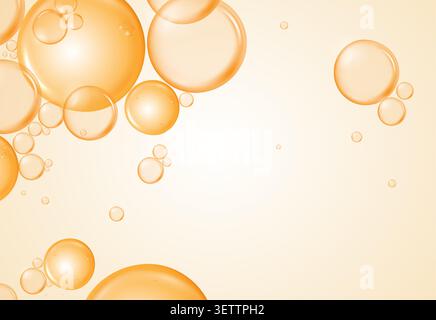 Abstract golden serum bubbles background with copy space. Vector realistic orange oil drops, vitamin C liquid gel texture, and collagen essence. Stock Vector