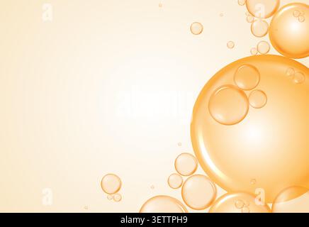 Abstract golden serum bubbles background with copy space. Vector realistic orange oil drops, vitamin C liquid gel texture, and collagen essence. Stock Vector