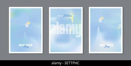 Mother's day greeting card template set, abstract soft blue fluid liquid shape gradient background with jasmine flower blur effect, elegant minimal. Stock Vector