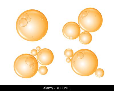 Golden collagen serum drops and vitamin C oil bubbles isolated on white background. Vector realistic orange liquid gel texture elements for cosmetic. Stock Vector