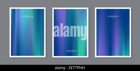 Aurora borealis greeting card template set, abstract northern lights neon color gradient background, dark blue purple green polar light elegant. Stock Vector