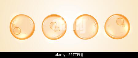 Set of golden collagen serum capsules and cream molecules isolated on light background. Vector realistic orange oil drops, vitamin C macro cell. Stock Vector