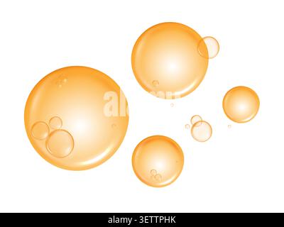 Golden collagen serum drops and vitamin C oil bubbles isolated on white background. Vector realistic orange liquid gel texture elements for cosmetic. Stock Vector