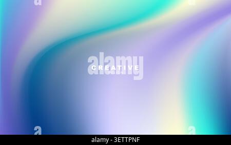 Holographic vector background. Abstract iridescent gradient banner with pastel blue, purple and yellow blurred fluid wavy texture. Trendy pearlescent. Stock Vector