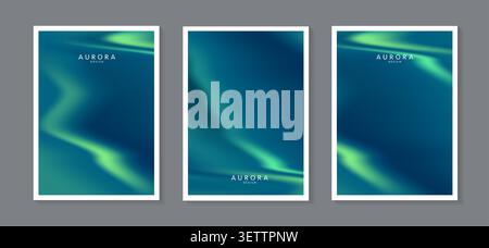 Aurora borealis vector background set. Abstract northern lights gradient posters layout with deep navy blue and teal blurred neon wavy stripes. Stock Vector