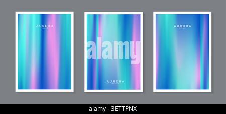 Aurora borealis vector background set. Abstract northern lights gradient posters layout with blue, purple and turquoise blurred neon stripes. Trendy. Stock Vector