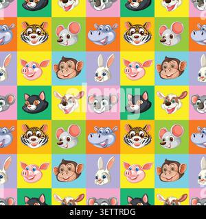 Vector illustration of diverse smiling animal heads arranged in a vibrant repeating grid pattern. Stock Vector
