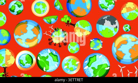 Colorful vector pattern of Earth globes illustrating climate change, pollution, and renewable energy solutions. Stock Vector