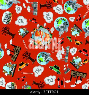 Flat vector pattern with Earth globes, factory smoke, cars, and greenhouse gas chemical symbols. Stock Vector