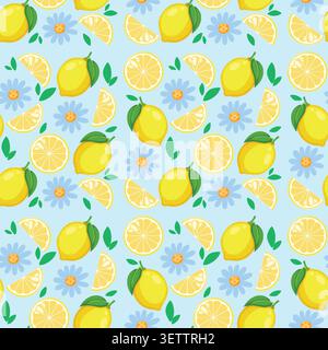 Flat vector illustration of whole lemons, slices, and blue daisies in a seamless pattern. Stock Vector