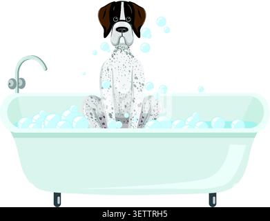 Flat cartoon illustration of a German Shorthaired Pointer dog sitting in a bubble-filled bathtub. Stock Vector