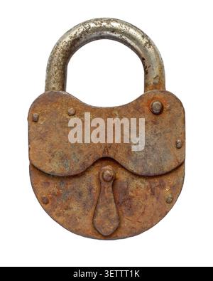 Old padlock isolated on a white background. Close-up of a large iron padlock. Stock Photo