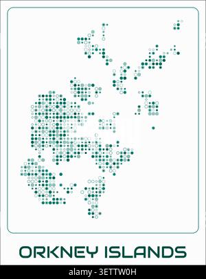 Digital-style vector map of the Orkney Islands composed of small circular dots on a white background, showing the dotted island silhouette and title. Stock Vector