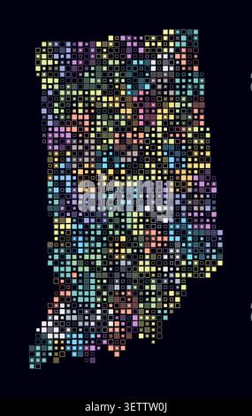 Stylized vector map of Indiana composed of colored square cells on a dark background; a digital, infographic-style illustration. Stock Vector