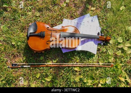 Violin and notes with bows lie on the grass in the park. Top view. Musical instruments. Stock Photo