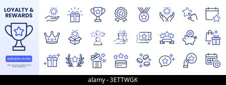 Loyalty and reward line icon set. Gift, VIP badge, trophy, loyalty card, redeem point minimal vector illustrations. Simple outline signs for bonus Stock Vector