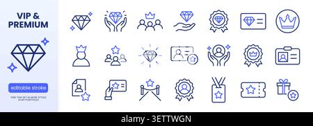 VIP status, loyalty line icon set. Exclusive membership benefit, diamond, premium quality minimal vector illustrations. Simple outline signs for club Stock Vector