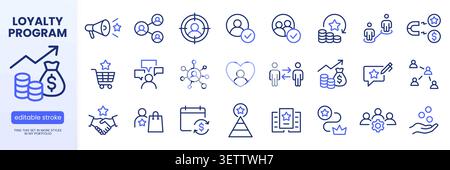Loyalty marketing line icon set. Referral, cashback, target audience, partnership vector illustrations. Simple outline signs for customer retention Stock Vector