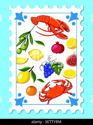 Flat vector illustration of lobster, crab, and Mediterranean fruits on a decorative postage stamp. Stock Vector