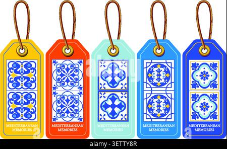 Vector illustration of vibrant hanging tags with blue ceramic tile designs and twine loops. Stock Vector