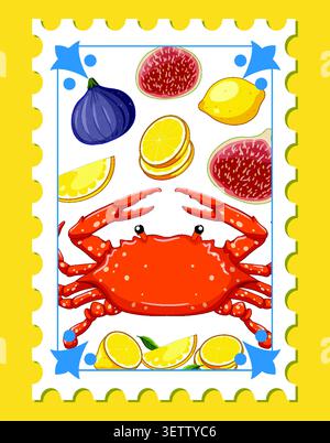 Flat vector postage stamp design with orange crab, purple figs, and yellow lemon slices. Stock Vector