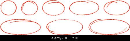 Hand drawn crayon ovals and circles set. Chalk pencil ovals of different widths. Highlight line circle frames. Ellipses in crayon doodle style. Vector Stock Vector