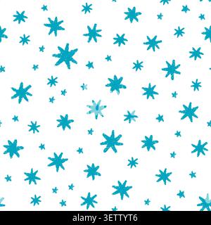 Crayon blue star seamless pattern. Doodle snowflake background. Hand drawn cold star bg. Bright wrapping paper. Birthday, Christmas confetti texture Stock Vector