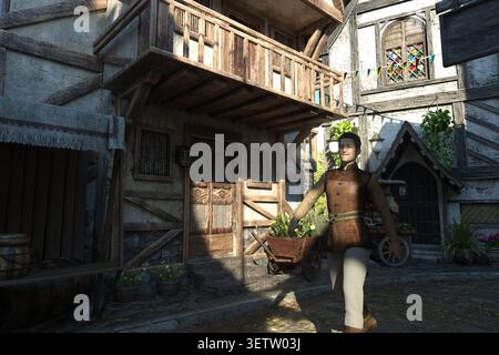 3D Illustration detailed medieval village scene featuring a market cart, wooden buildings, and a man in traditional attire. Perfect for historical, fa Stock Photo