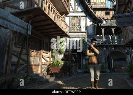 3D Illustration detailed medieval village scene featuring a market cart, wooden buildings, and a man in traditional attire. Perfect for historical, fa Stock Photo