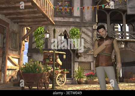 3D Illustration detailed medieval village scene featuring a market cart, wooden buildings, and a man in traditional attire. Perfect for historical, fa Stock Photo