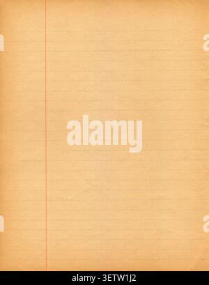 Vintage lined paper texture with red vertical margin line and faint horizontal ruling on aged beige surface Stock Photo