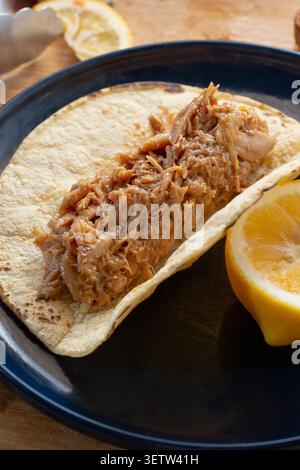 A view of a pile of pulled chicken in a corn tortilla. Stock Photo