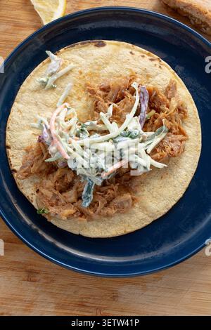 A top down view of a pulled chicken taco. Stock Photo
