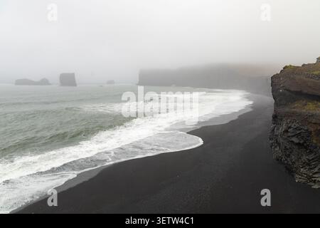 Dramatic black sand beach in Dyrhólaey, Iceland, with ocean waves, basalt cliffs, and rocky sea stacks fading into dense fog. Stock Photo