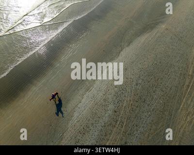 Aerial view of a horse walking on the wet sand of Sea-View Beach with visible tire tracks and gentle waves in Karachi, Sindh, Pakistan. Stock Photo