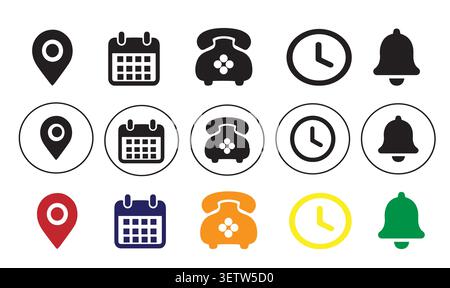 Business Contact Web Icons Set: Location Pin, Calendar, Telephone, Clock and Notification Bell Symbol Graphics, Minimalist Black Line Stock Vector