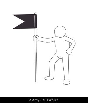 Simple human figure holding victory flag line art character Stock Vector