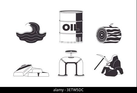 Natural resources and extraction industry 2D line objects set Stock Vector