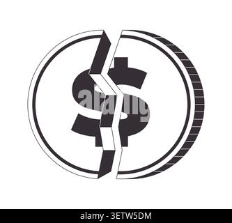 Cracked dollar coin 2D line object Stock Vector