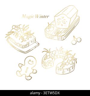 Golden vector elements set with Magic Winter text isolated on white background. Elegant Christmas line art illustration features hand drawn Stock Vector