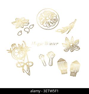 Golden vector elements set with Magic Winter text isolated on white background. Elegant Christmas line art illustration features hand drawn mulled Stock Vector