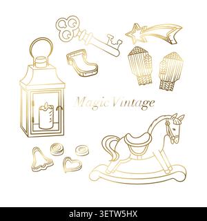 Golden vector elements set with Magic Vintage text isolated on white background. Elegant Christmas line art illustration features hand drawn rocking Stock Vector